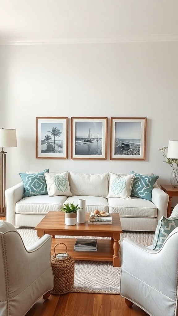 Cozy coastal living room with light furniture, turquoise accents, and beach-themed wall art.