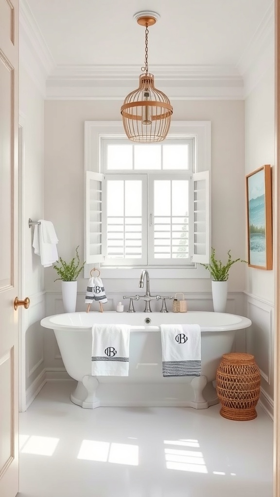 A bright coastal bathroom featuring a freestanding tub, natural light, and personalized decor.