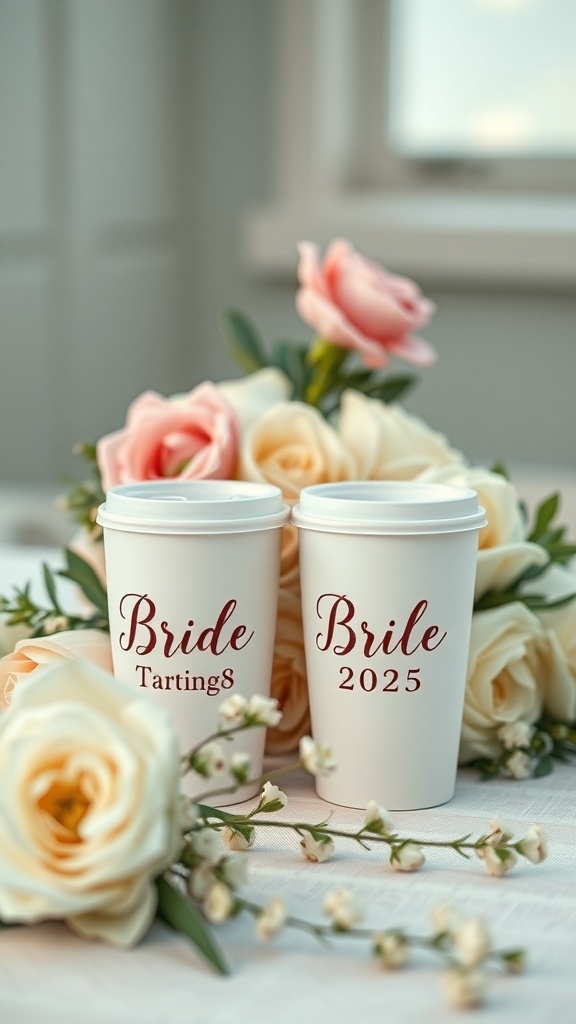 Personalized coffee cups with bride and year design next to roses.