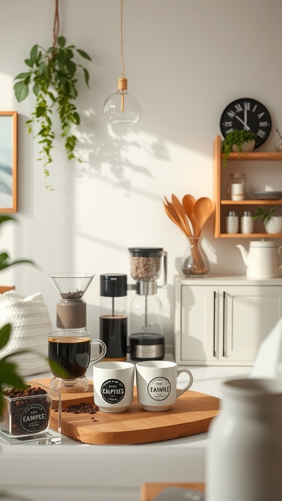 A cozy coffee bar setup with two personalized mugs, a coffee maker, and natural decor.