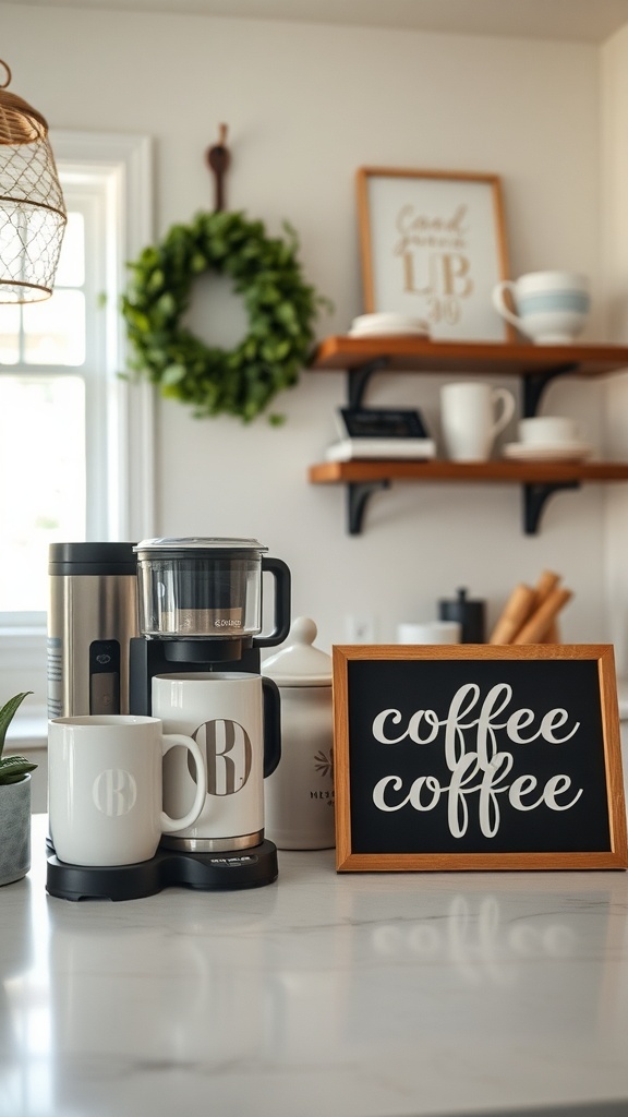 A personalized coffee station with a coffee maker, mugs, and a decorative sign.