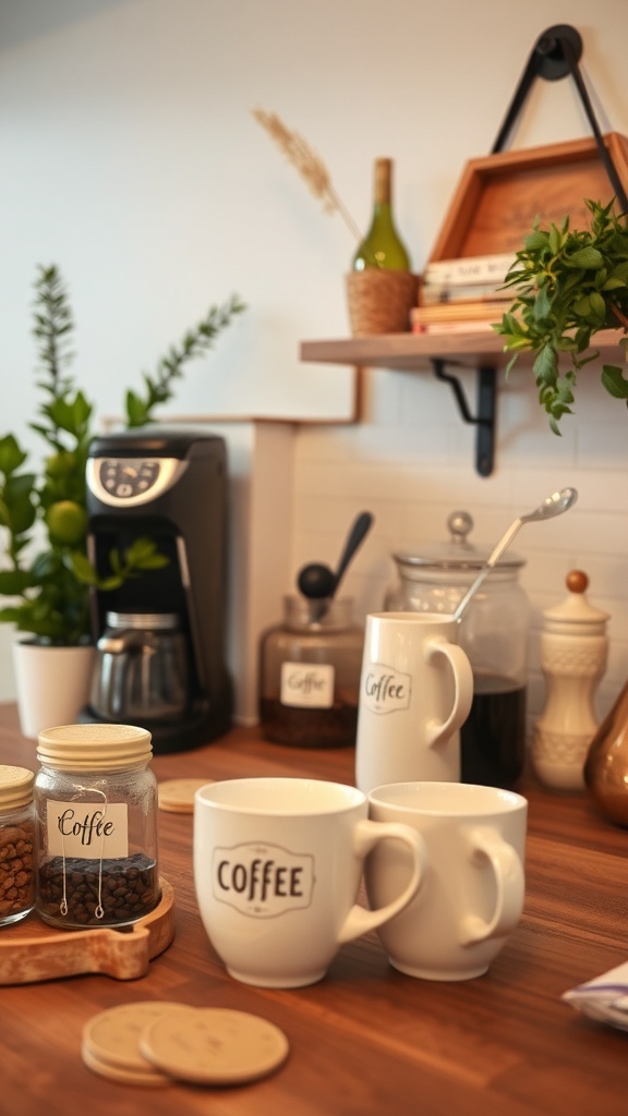 A cozy coffee station with a coffee maker, jars of coffee beans, and white mugs on a wooden countertop.