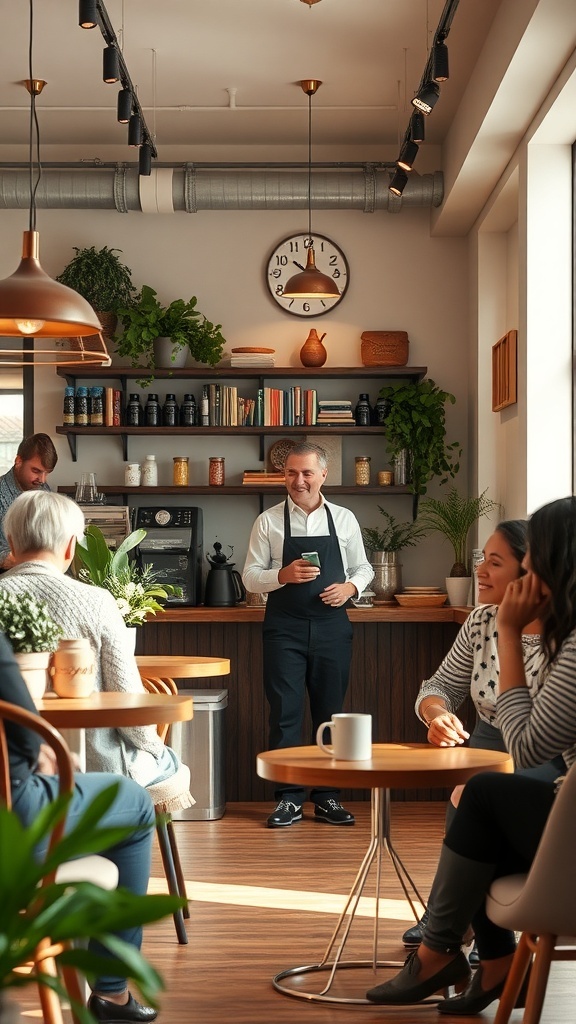 A cozy cafe with a friendly barista and customers enjoying their drinks in a warm setting.