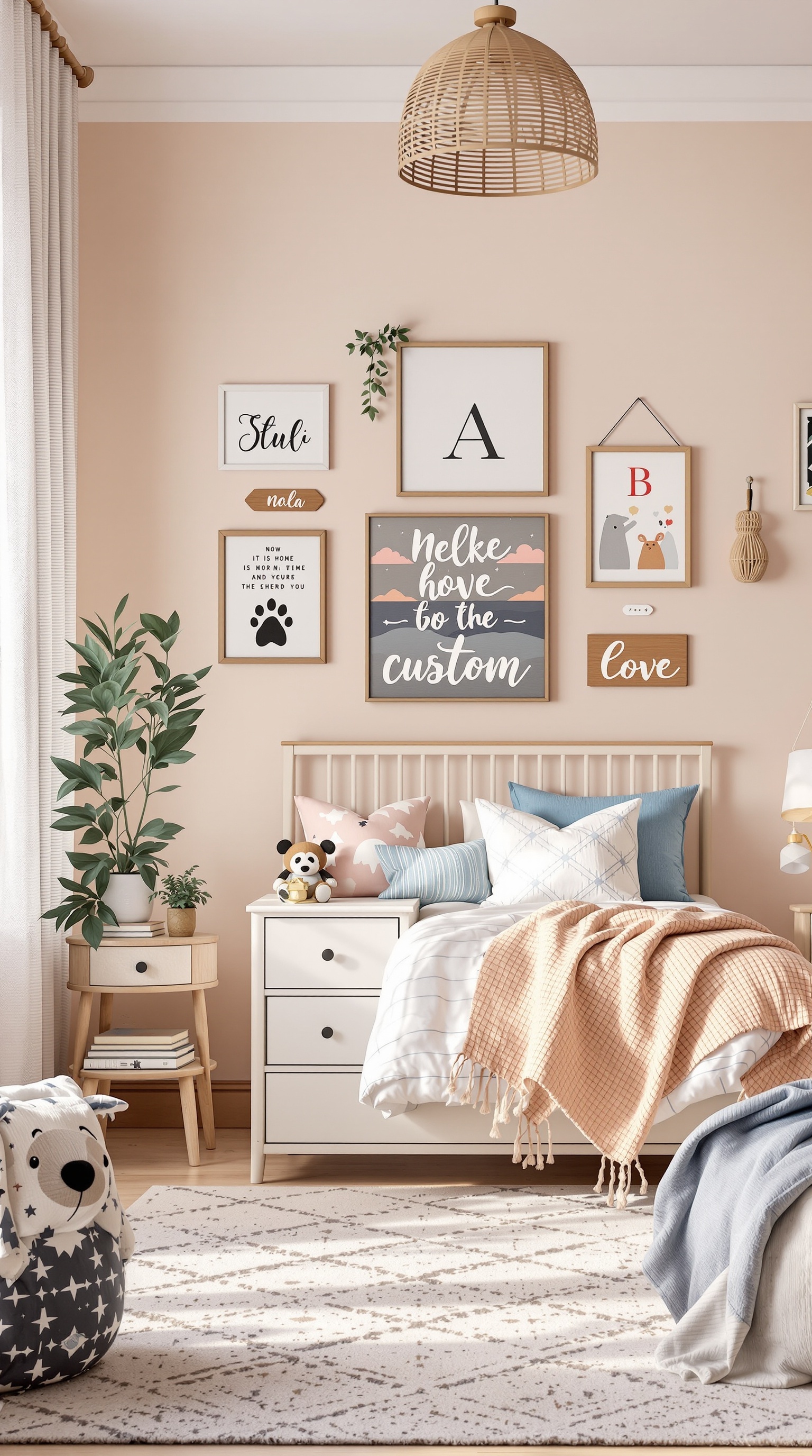 A beautifully decorated kids bedroom featuring personalized decor elements, including framed art, plush pillows, and a cozy atmosphere.
