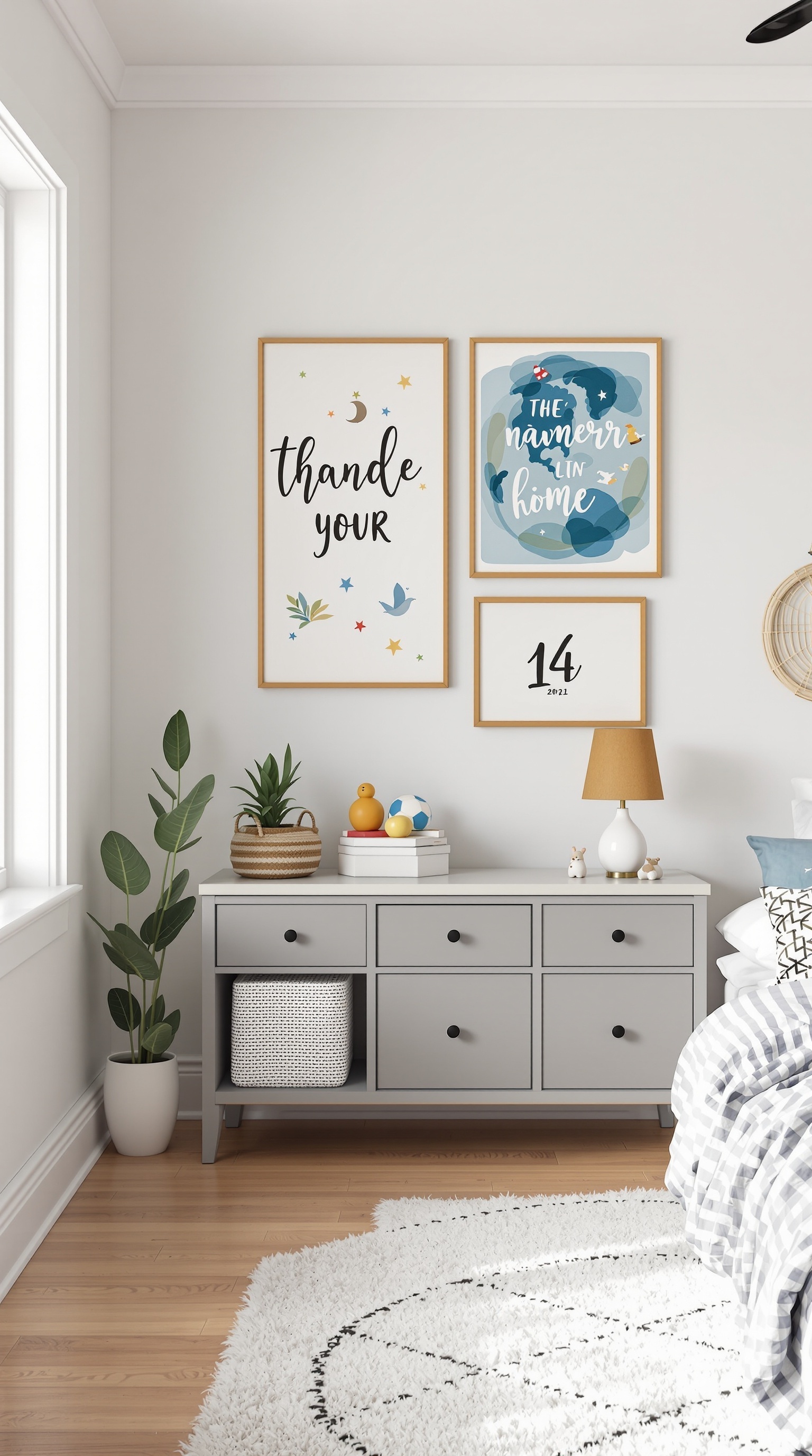 A cozy kids' room featuring personalized decor elements, including framed art and playful toys.