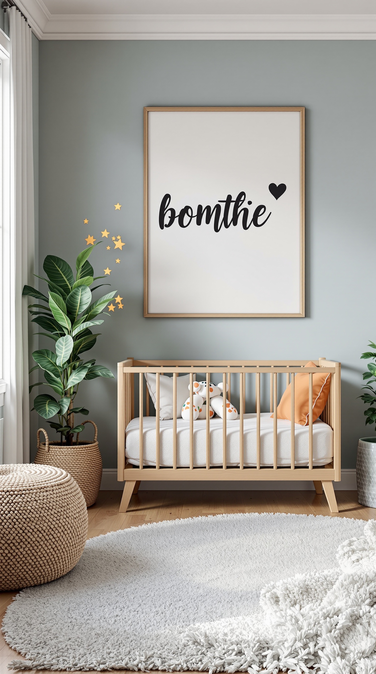 A modern kids bedroom featuring a crib, personalized wall art, plants, and cozy decor.
