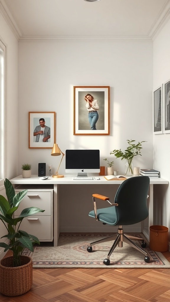 A small office setup featuring a desk with a computer, framed photos on the wall, a plant, and a comfortable chair.