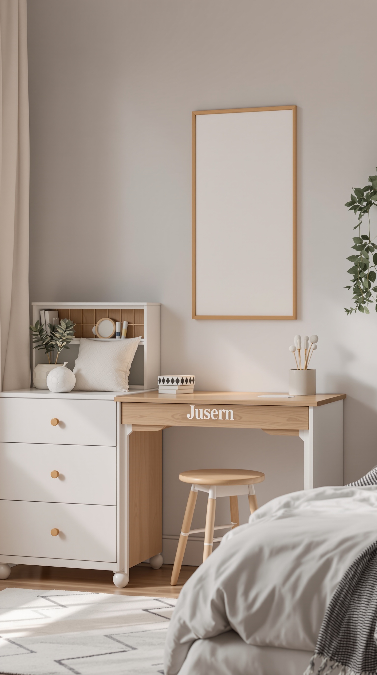 A stylish kids bedroom featuring a personalized desk with the name 'Jusern', cozy decor, and a warm color palette.