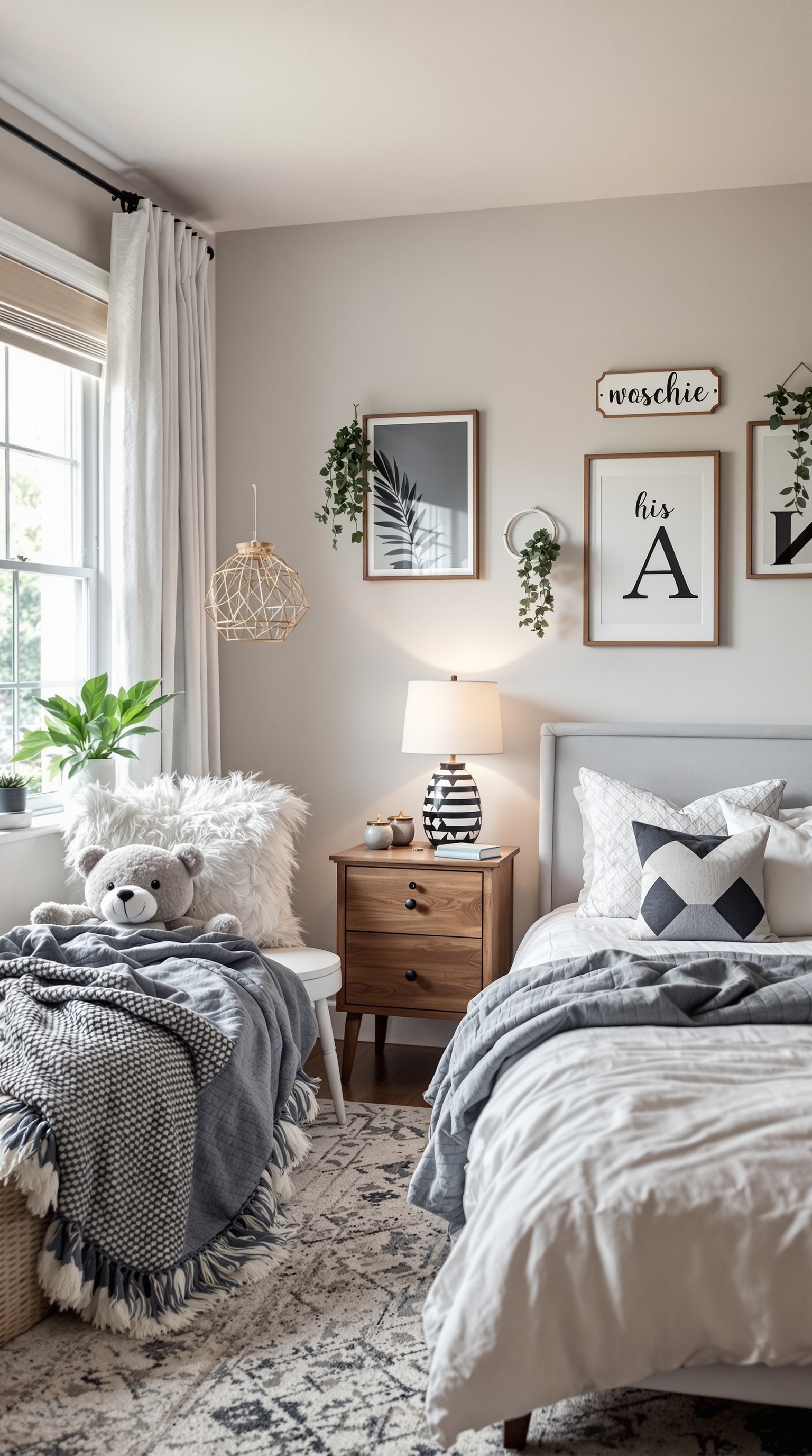 A beautifully decorated shared kids bedroom featuring neutral colors, personalized wall art, soft textiles, and plants.