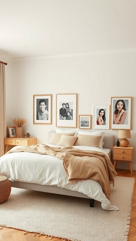 A cozy beige bedroom featuring a bed with neutral linens, a textured throw, and a gallery wall of framed photos.