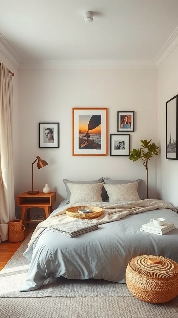 A cozy guest bedroom featuring gray bedding, framed photos on the wall, a wooden nightstand, and decorative plants.