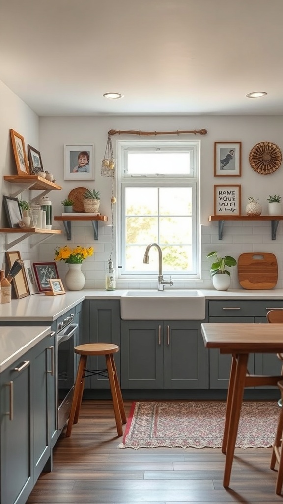 Cozy kitchen with gray cabinets, wooden shelves, and personal decor