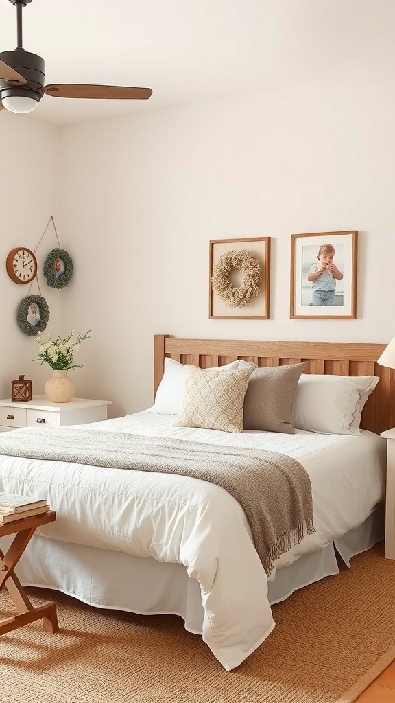 A cozy farmhouse bedroom featuring a bed with neutral bedding, decorative throw, and personalized wall decor.