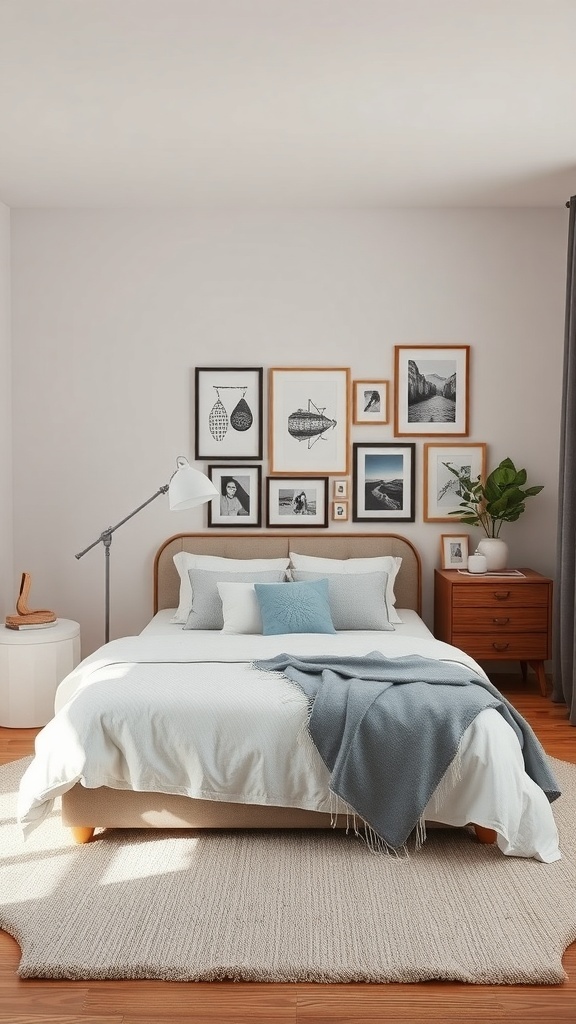 A small master bedroom with a cozy bed, framed artwork on the wall, a plant, and a textured rug.