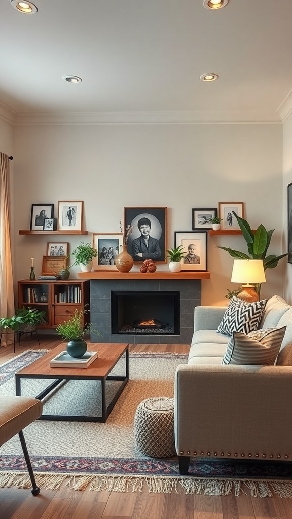 Cozy apartment living room with personalized decor, including framed photos, plants, and stylish furniture.