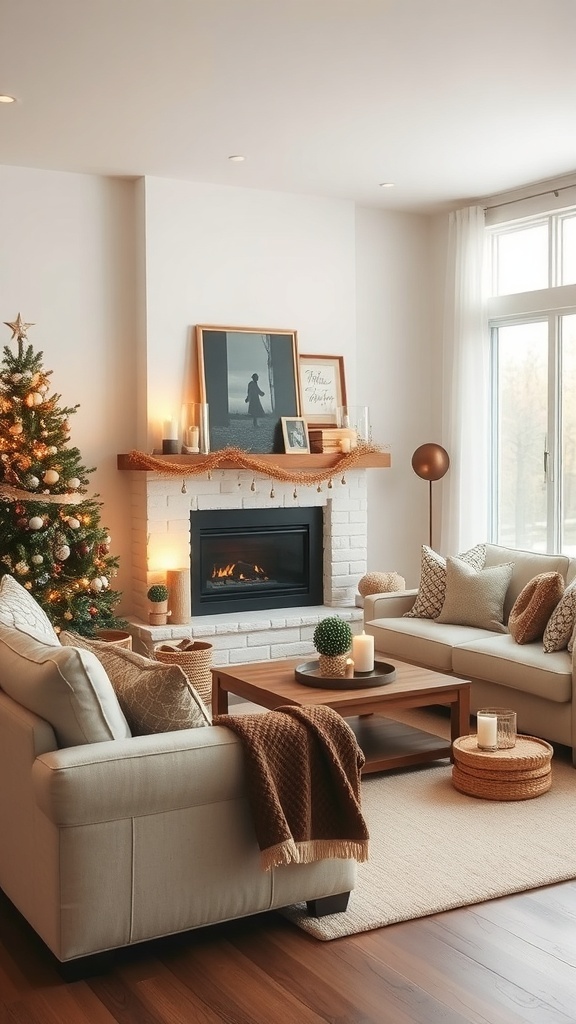Cozy winter living room with a Christmas tree, fireplace, and comfortable seating.