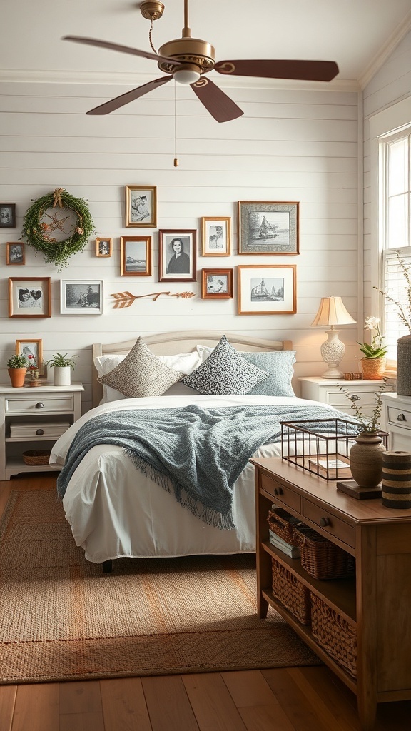 Cozy cottage bedroom with a gallery wall, warm lighting, and soft bedding.