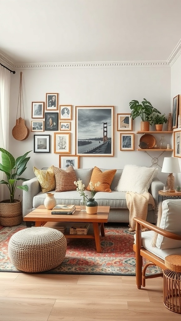 A cozy boho living room with personalized decor, featuring a mix of framed art, colorful cushions, plants, and a warm atmosphere.