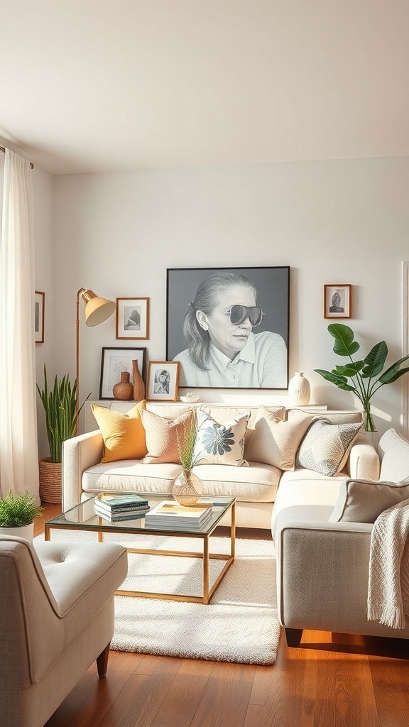 Cozy living room with a large artwork, comfortable sofa, and plants