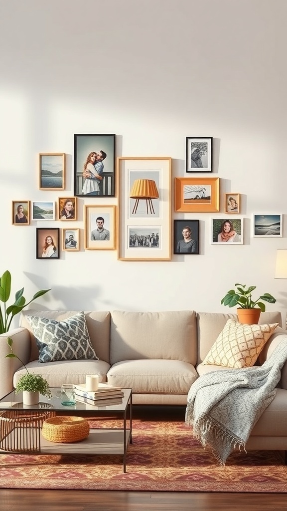 Cozy living room with a couch, framed photos on the wall, and decorative pillows.