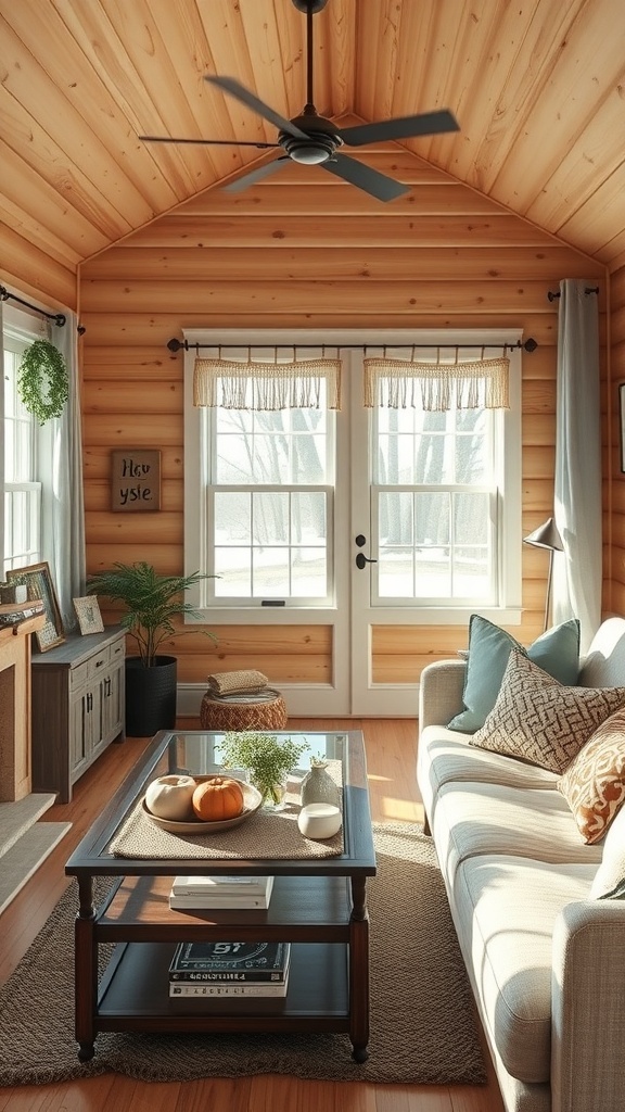 Cozy cabin interior with wooden walls, comfortable sofa, and seasonal decor.