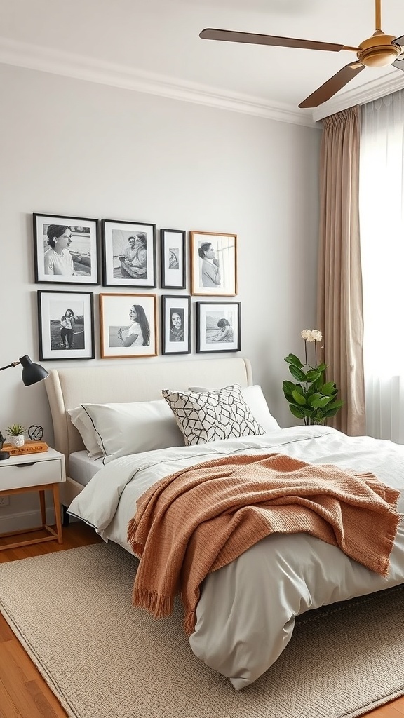 A dark modern bedroom featuring a cozy bed, framed photos on the wall, and a plant in the corner.