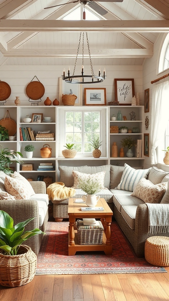 Cozy cottage living room with soft sofas, decorative cushions, plants, and warm lighting.