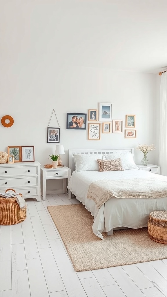 A cozy white bedroom with framed photos, soft bedding, and decorative baskets.