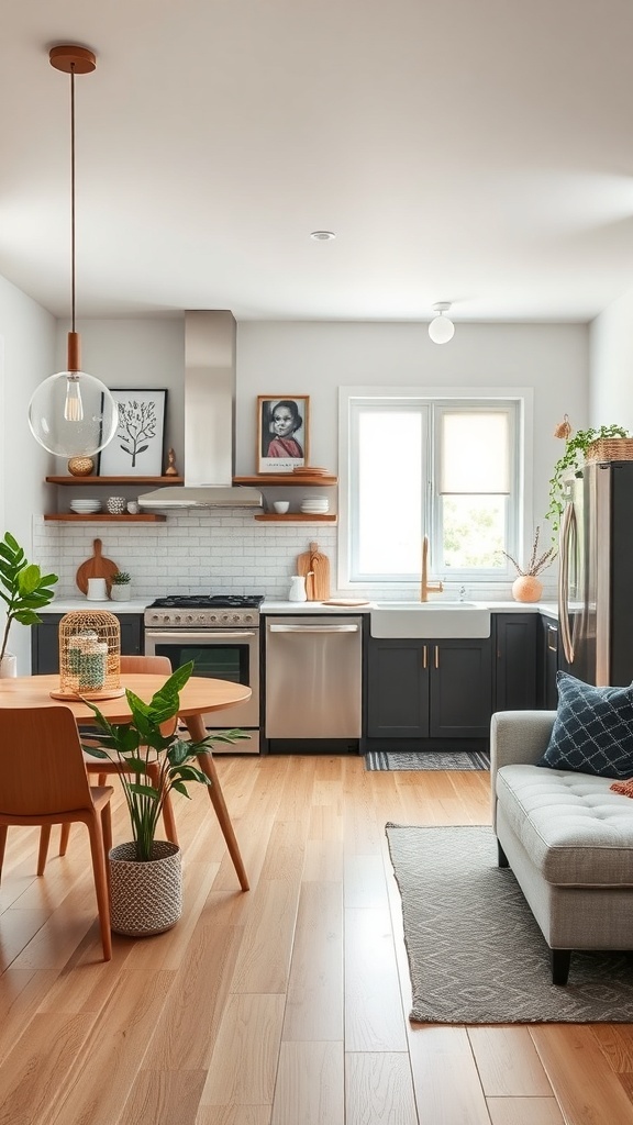 A modern kitchen featuring dark cabinets, open shelving, a round dining table, and warm lighting.