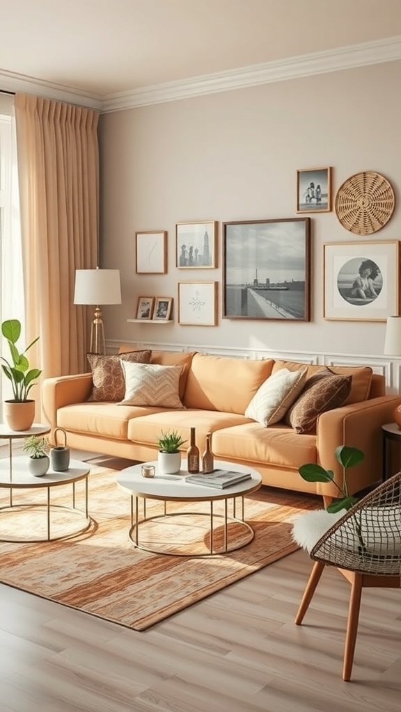 A light brown couch in a cozy living room with decorative pillows, plants, and a gallery wall.