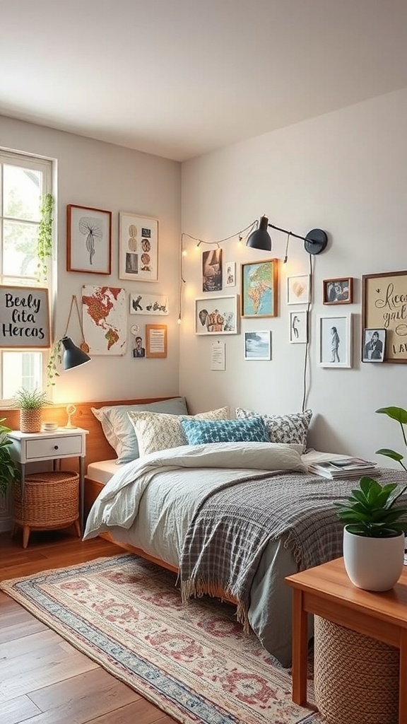 Cozy bedroom with personalized decor, featuring framed art, layered bedding, and plants.