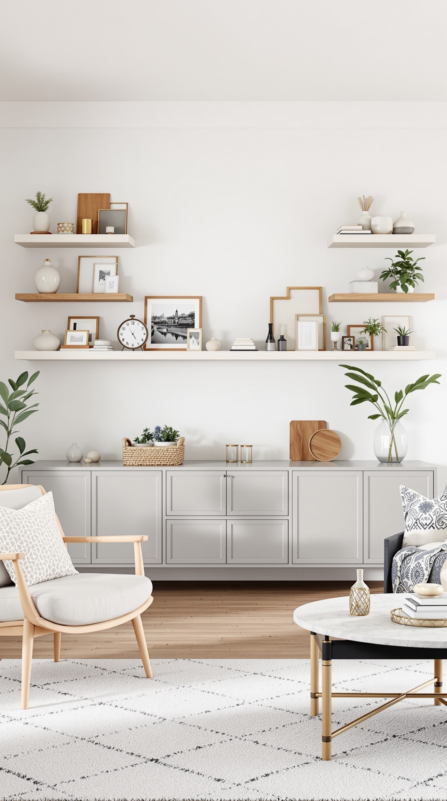 A cozy family room with personalized decor, featuring shelves with framed photos, plants, and stylish furniture.