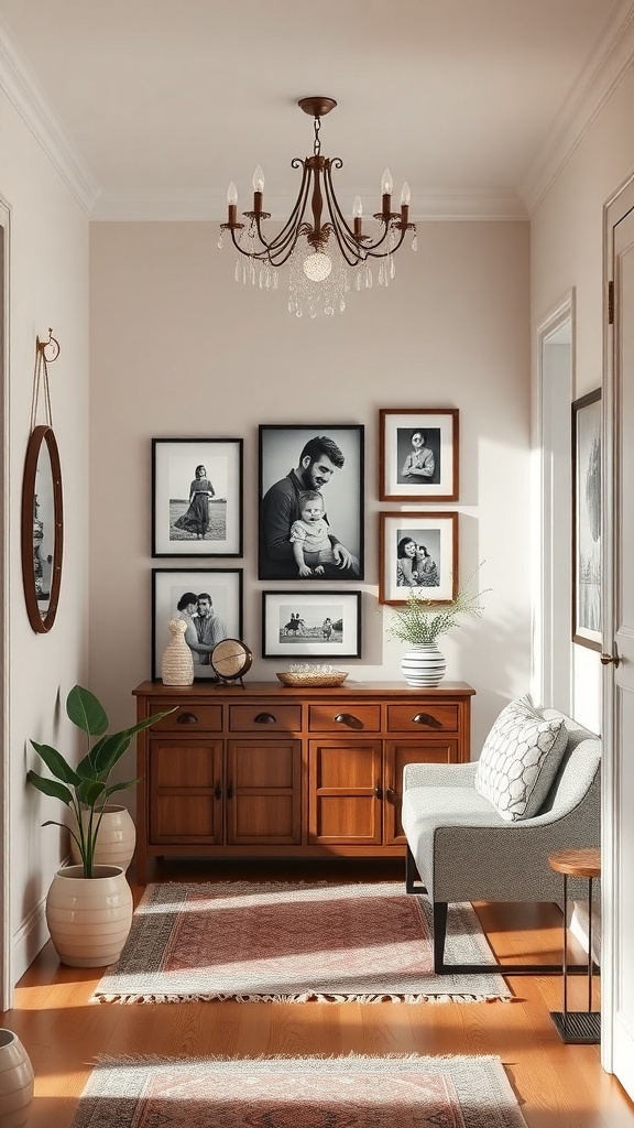 A hallway with family photos in frames on the wall, a wooden console table, and a chandelier.