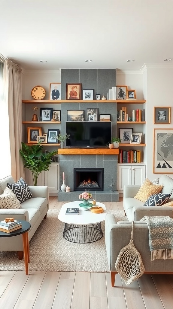 Cozy Scandinavian living room with personalized decorative touches, including framed photos, plants, and a stylish coffee table.