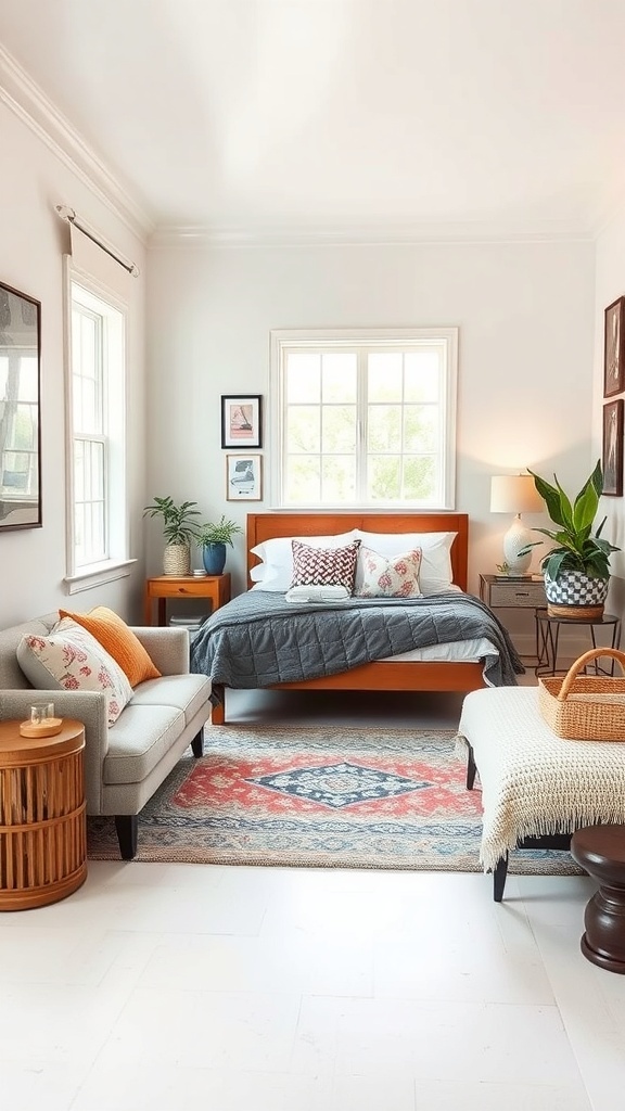 Cozy small bedroom with wooden bed, gray bedding, decorative pillows, plants, and artwork.