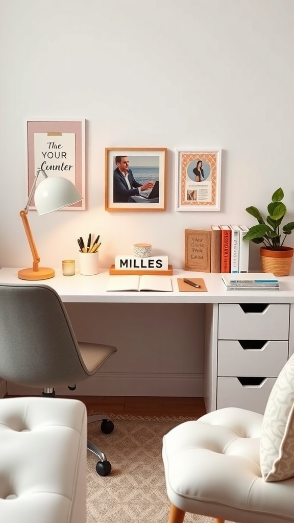 A cozy desk setup with personalized accessories including framed photos, a stylish lamp, and a small plant.