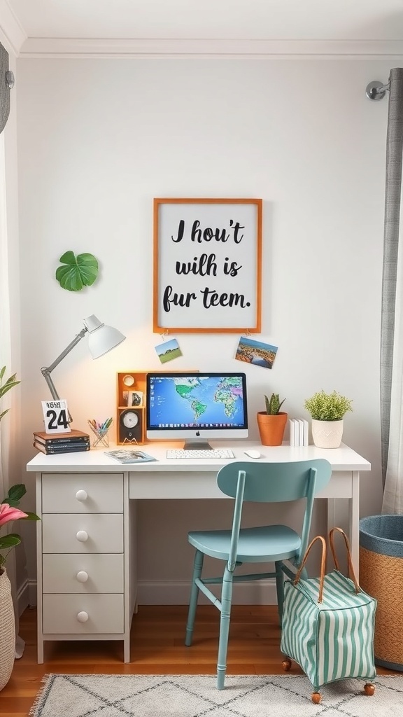 A personalized desk in a teen bedroom featuring a computer, plants, and quirky wall art.