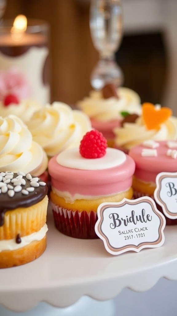 A display of colorful cupcakes with personalized tags on a dessert table.