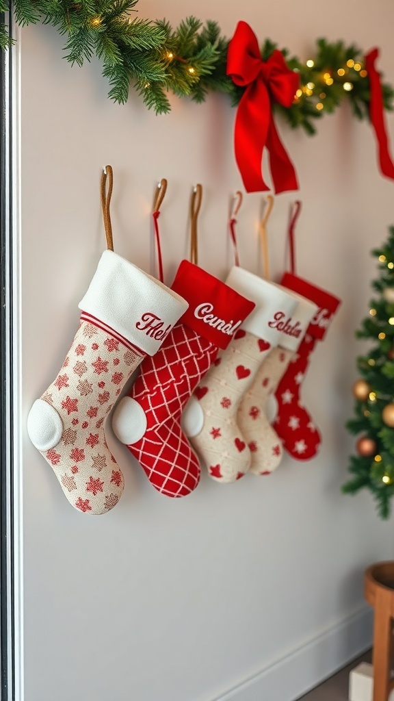 A row of personalized Christmas stockings hanging on a wall, decorated with festive patterns and names.