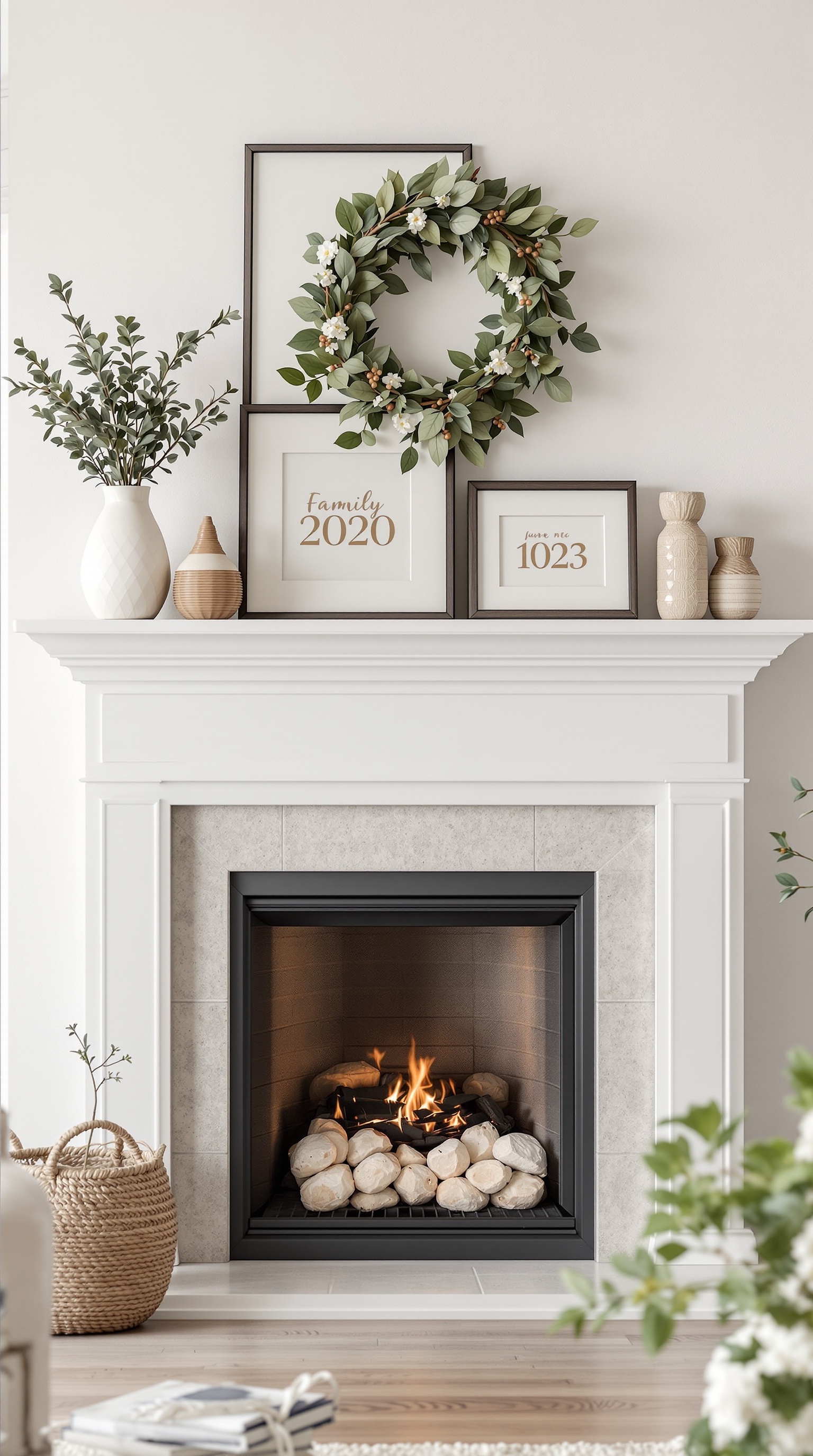 A cozy mantel with personalized engraved frames displaying family memories.
