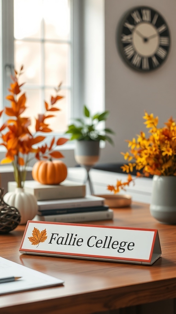 A personalized name plate that reads 'Fallie College' surrounded by fall decorations including a pumpkin and autumn leaves.