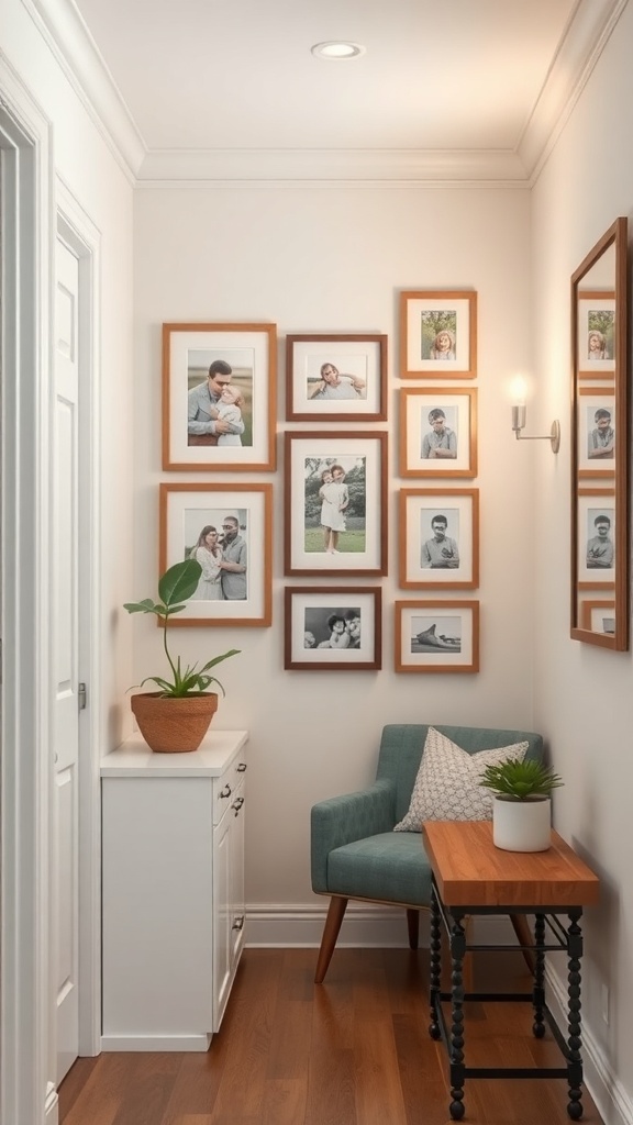 A small hallway featuring a family photo gallery on the wall, a green plant, and a cozy chair.