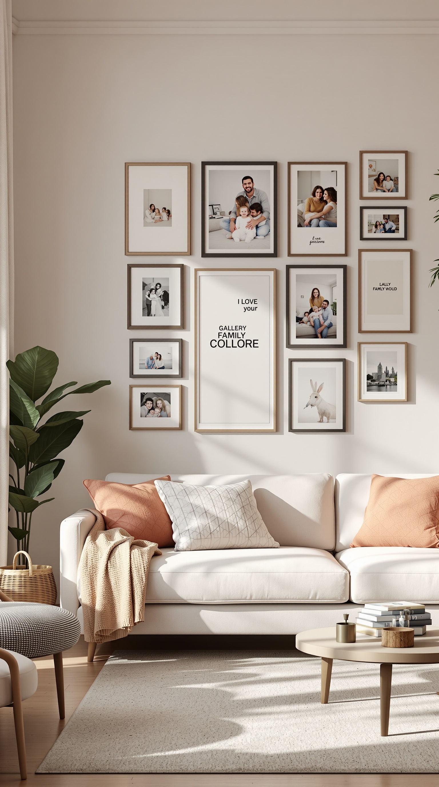 A cozy living room featuring a personalized family gallery wall with various framed photos.