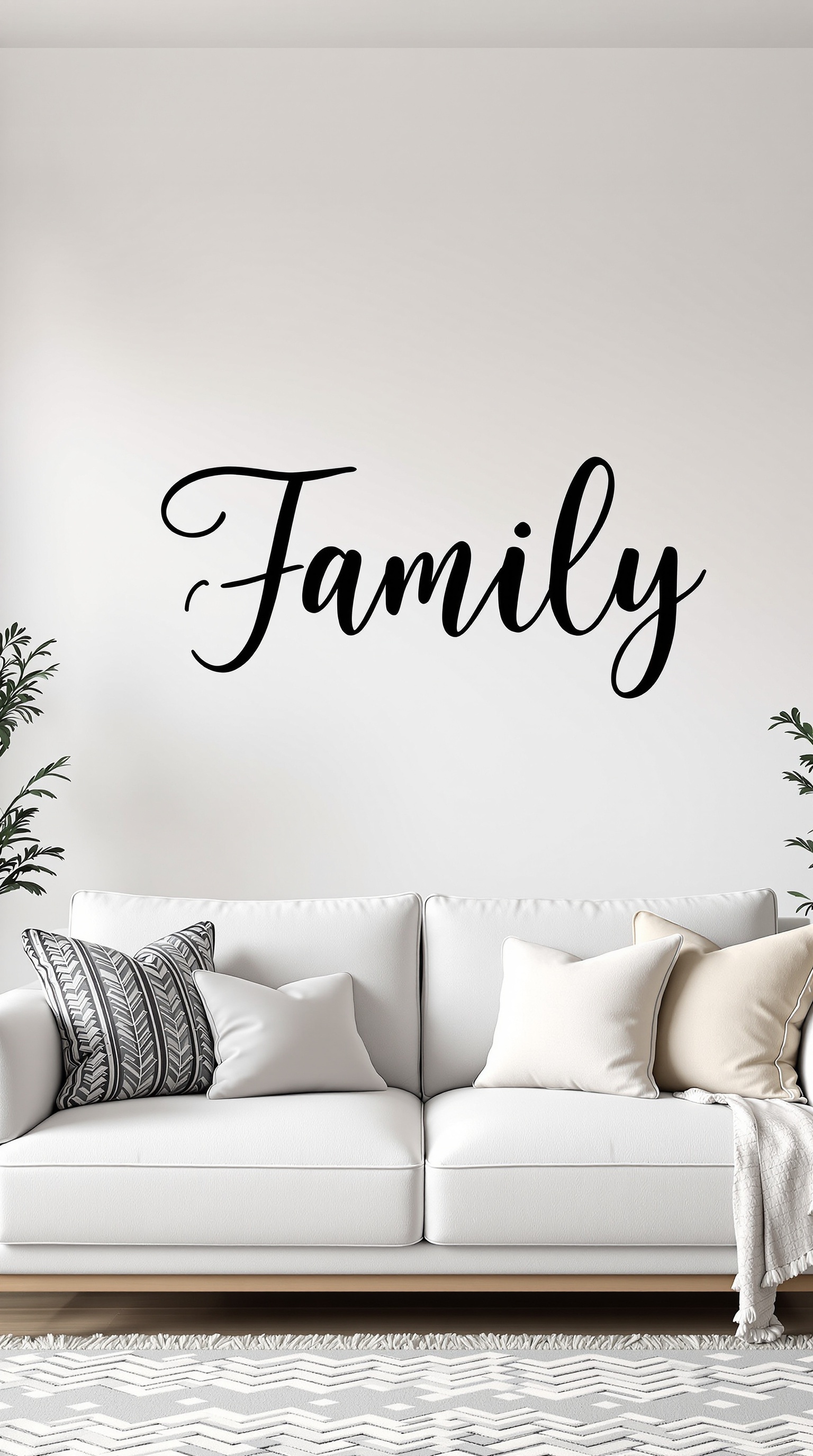 A stylish wall decal that says 'Family' above a white couch with decorative pillows.