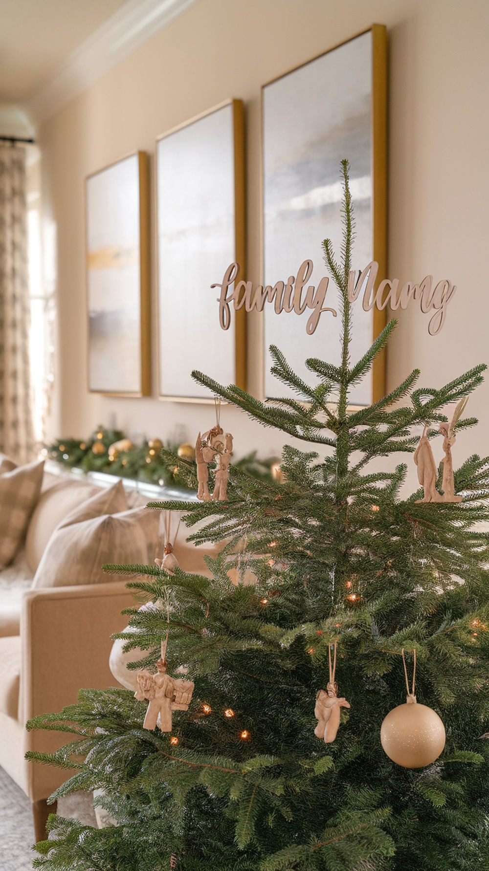 A Christmas tree with a personalized wooden topper that reads 'family name' surrounded by ornaments and lights.