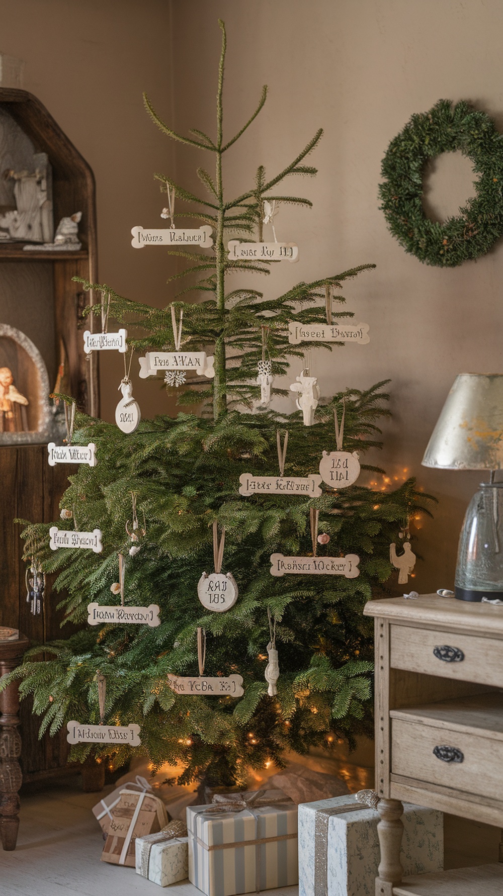 A Christmas tree decorated with personalized wooden ornaments featuring family names.