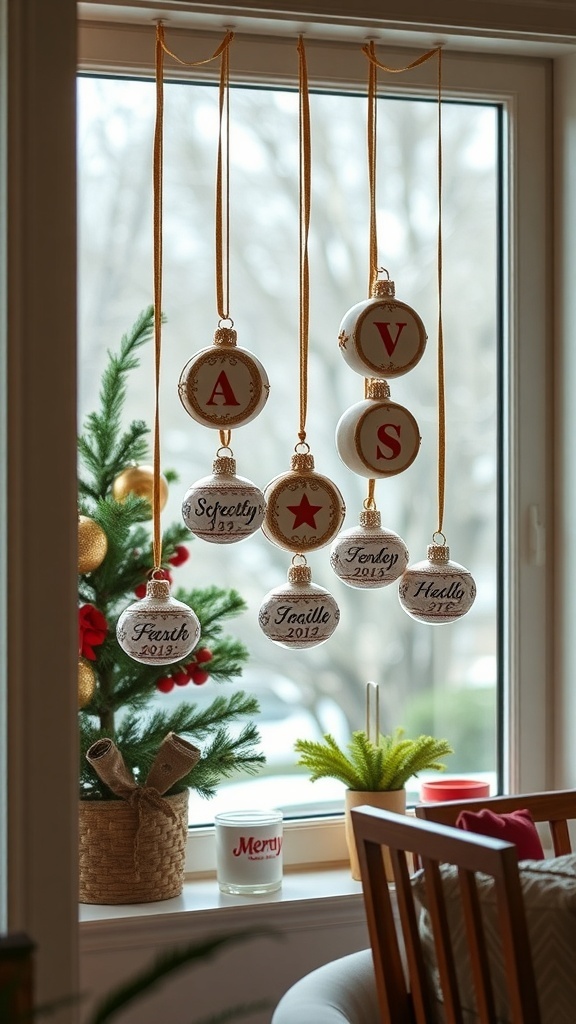 A window display featuring personalized family ornaments with names and years, alongside a small Christmas tree.
