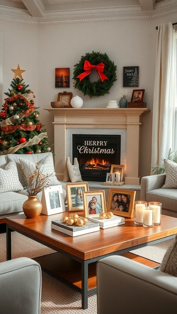 Cozy living room with a Christmas tree, fireplace, and a coffee table displaying family photos and festive decor.