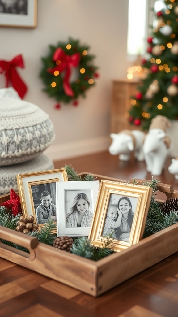 A Christmas tray decorated with family photos, greenery, and pinecones.