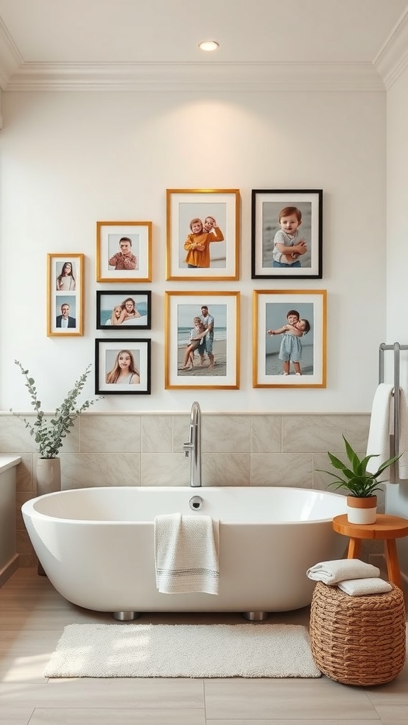 A stylish bathroom featuring a gallery wall of family photos in various frames.